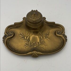 Antique‎ Art Nouveau Brass Inkwell w/ Ceramic Insert
